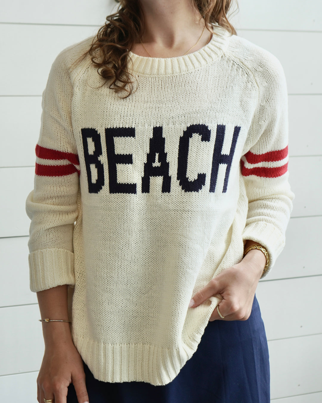 Beach Sweater- Ivory, Navy & Red