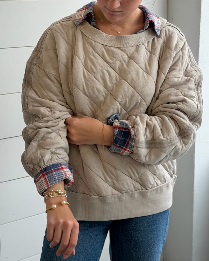 Women's Washed Quilted Crew- Beige Taupe
