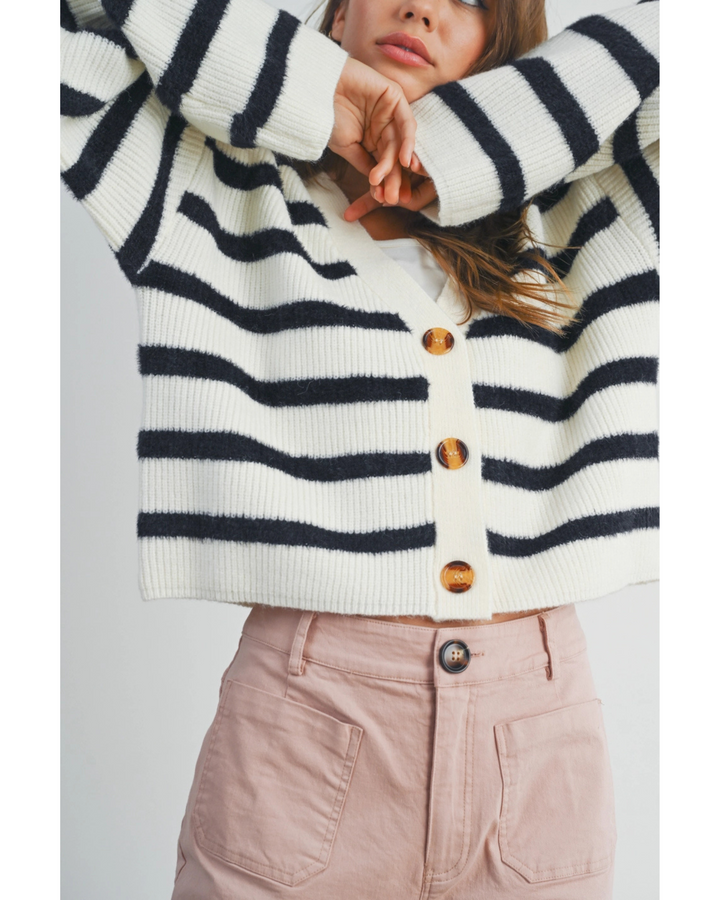 Women's Striped Button Long Sleeve Cardigan- Ivory/Black