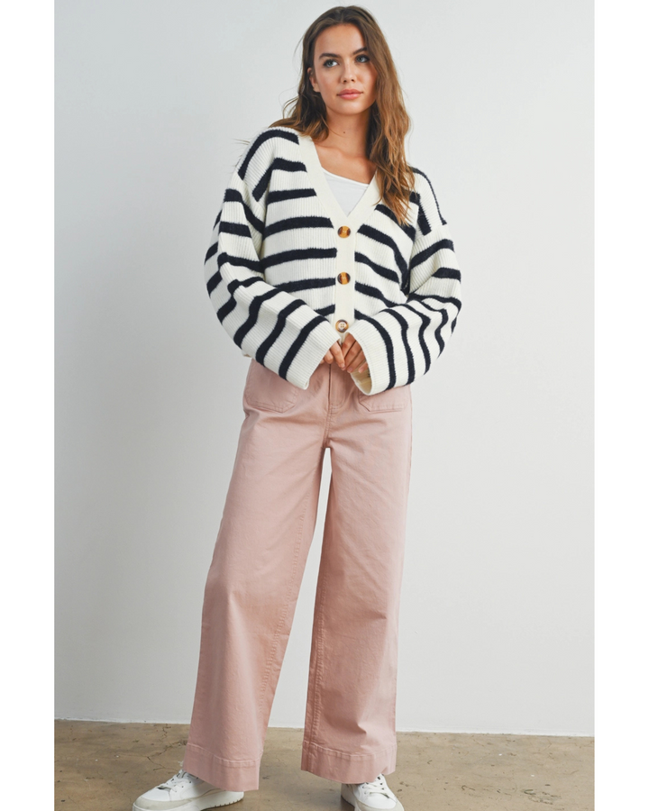 Women's Striped Button Long Sleeve Cardigan- Ivory/Black