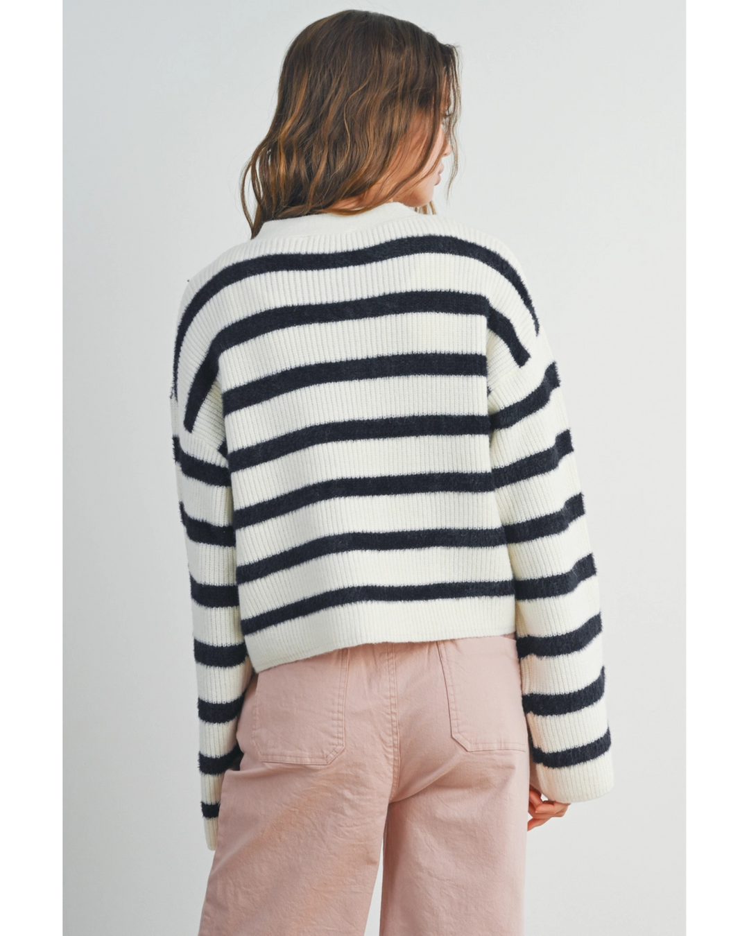 Women's Striped Button Long Sleeve Cardigan- Ivory/Black