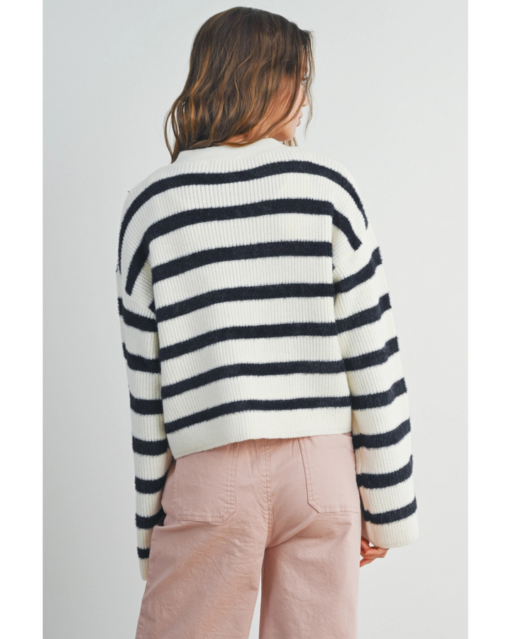 Women's Striped Button Long Sleeve Cardigan- Ivory/Black