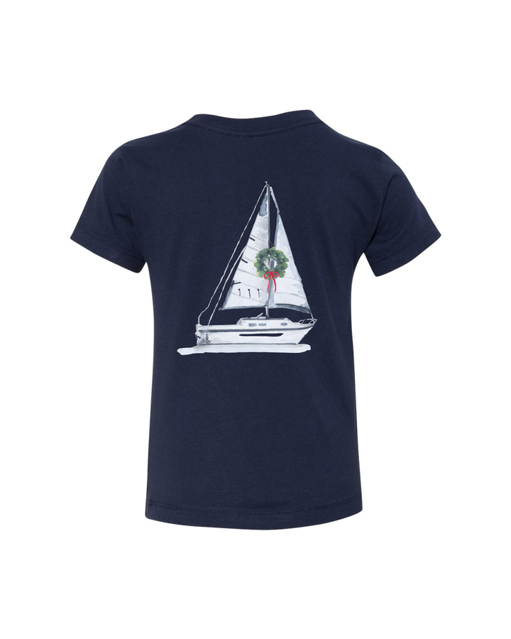 Youth Holiday Watercolor Sailboat Short Sleeve- Navy