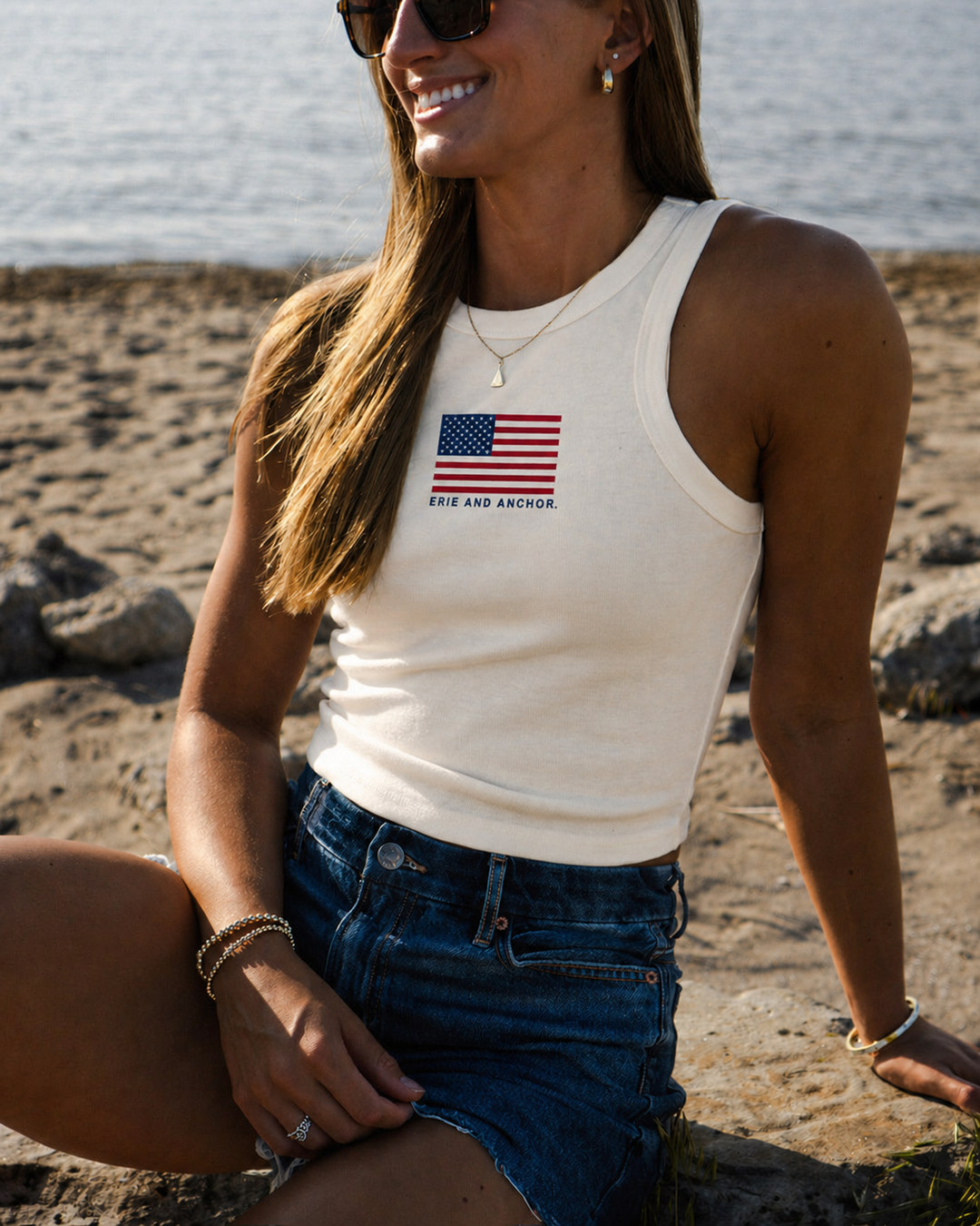 Women's American Flag Racer Tank - Natural