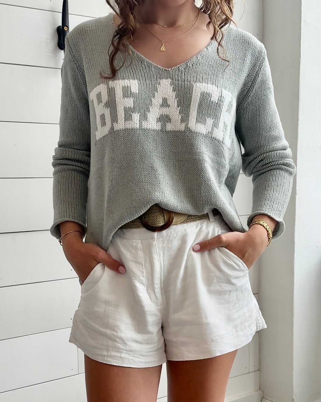 Women's Beach V-Neck Sweater- Sage