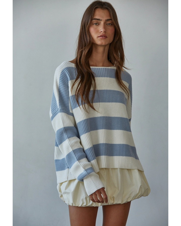 Women’s Striped Boat Neck Sweater- Light Blue/White