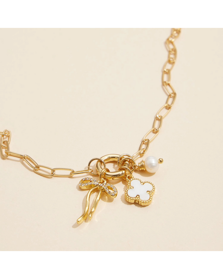 Bow Charm Necklace with Clover and Pearl- Gold