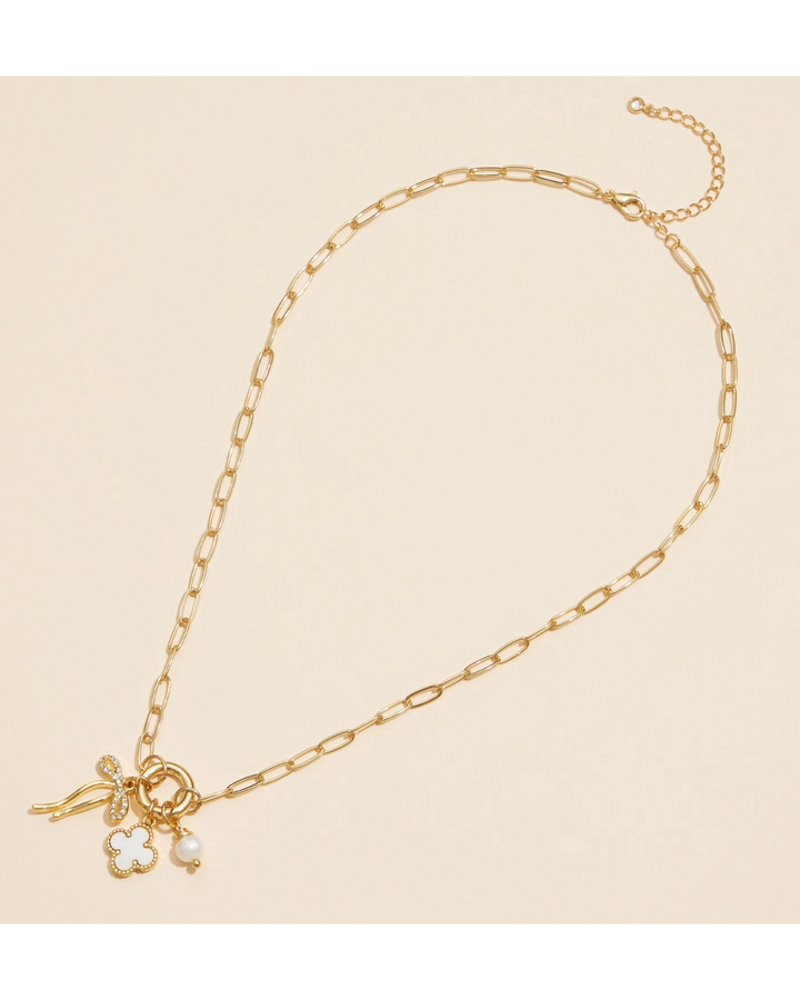 Bow Charm Necklace with Clover and Pearl- Gold