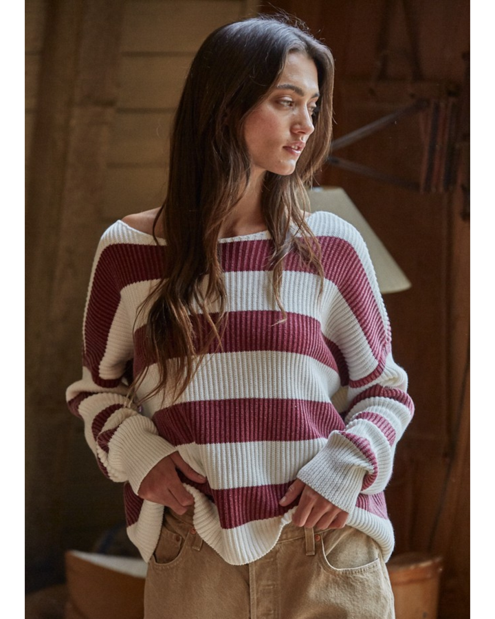 Women’s Striped Boat Neck Sweater- Maroon/White