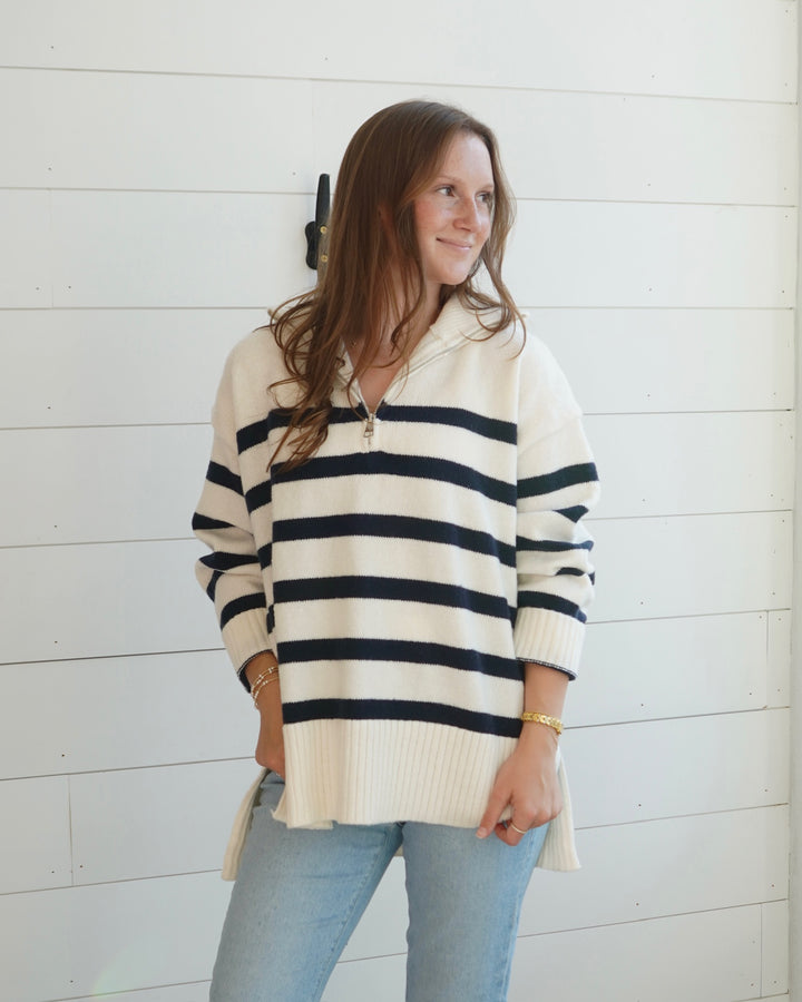 Women’s Striped Knit 1/4 Zip Sweater- Navy