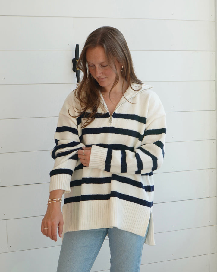 Women’s Striped Knit 1/4 Zip Sweater- Navy
