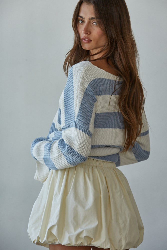 Women’s Striped Boat Neck Sweater- Light Blue/White