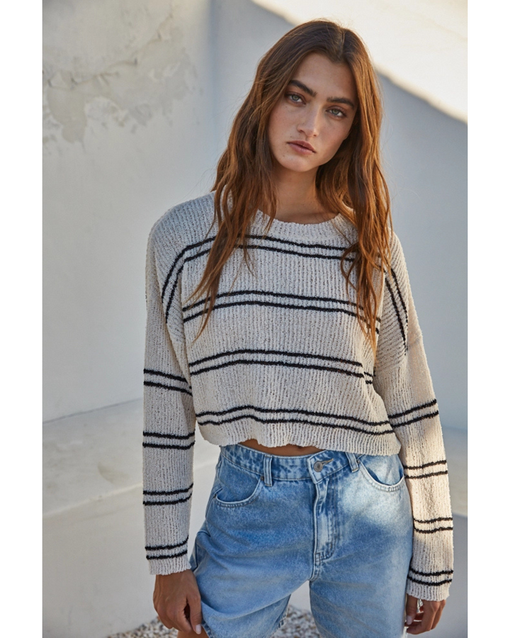 Women's Knit Double Striped Long Sleeve- Cream/Black