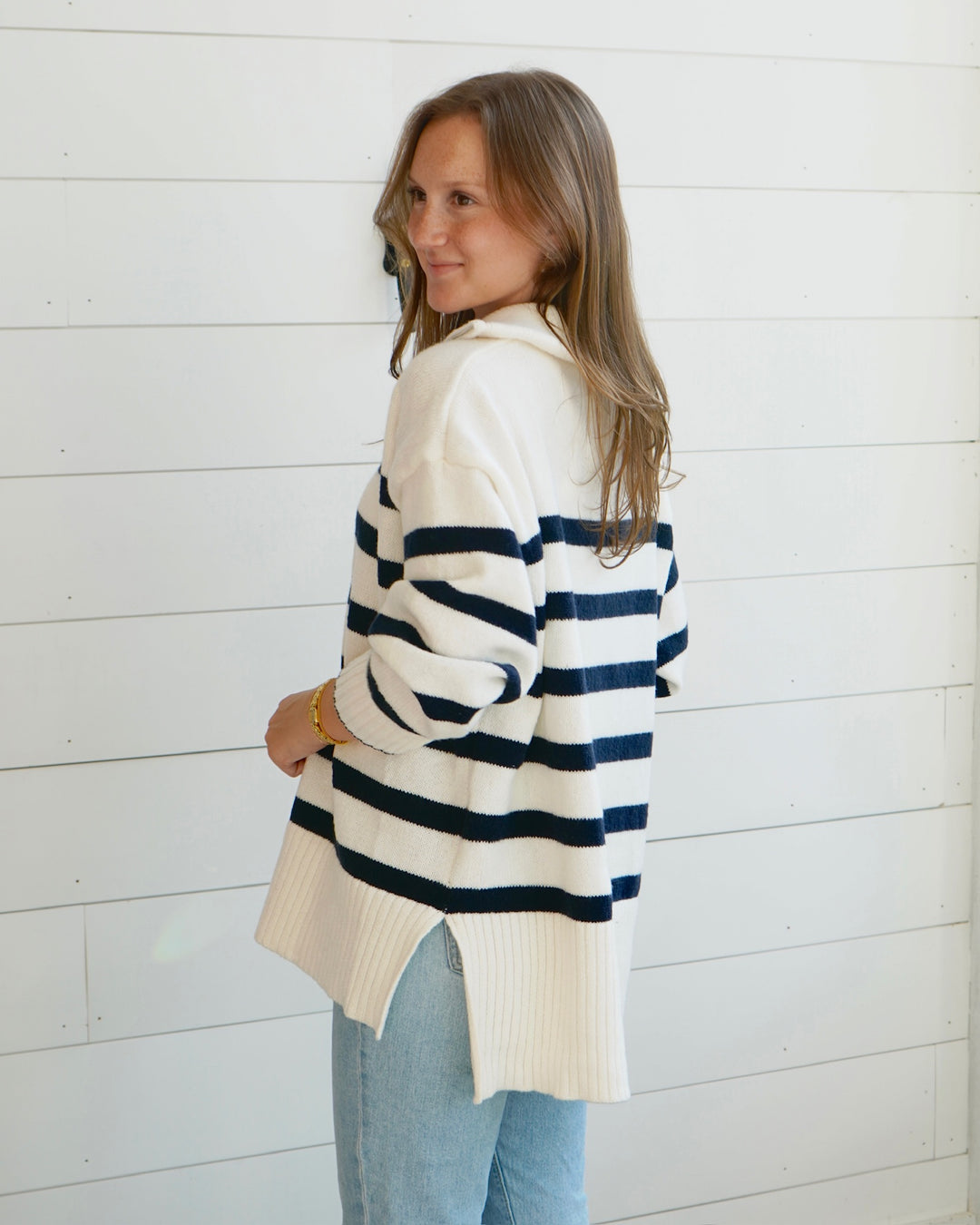 Women’s Striped Knit 1/4 Zip Sweater- Navy
