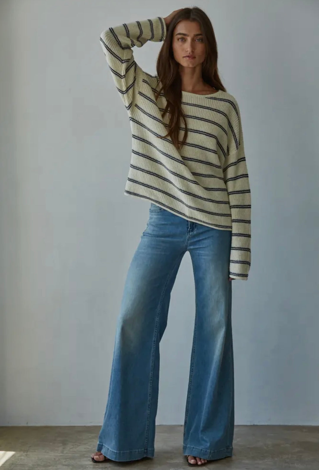 Women’s Knit Cotton Sweater- Navy and Natural Striped