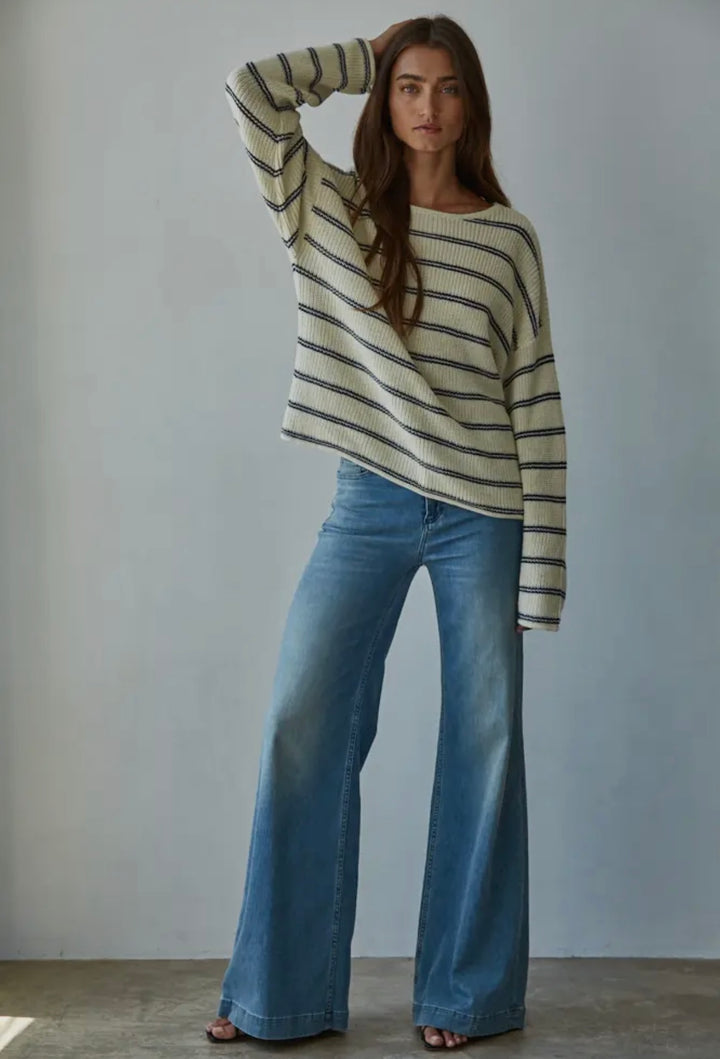 Women’s Knit Cotton Sweater- Navy and Natural Striped