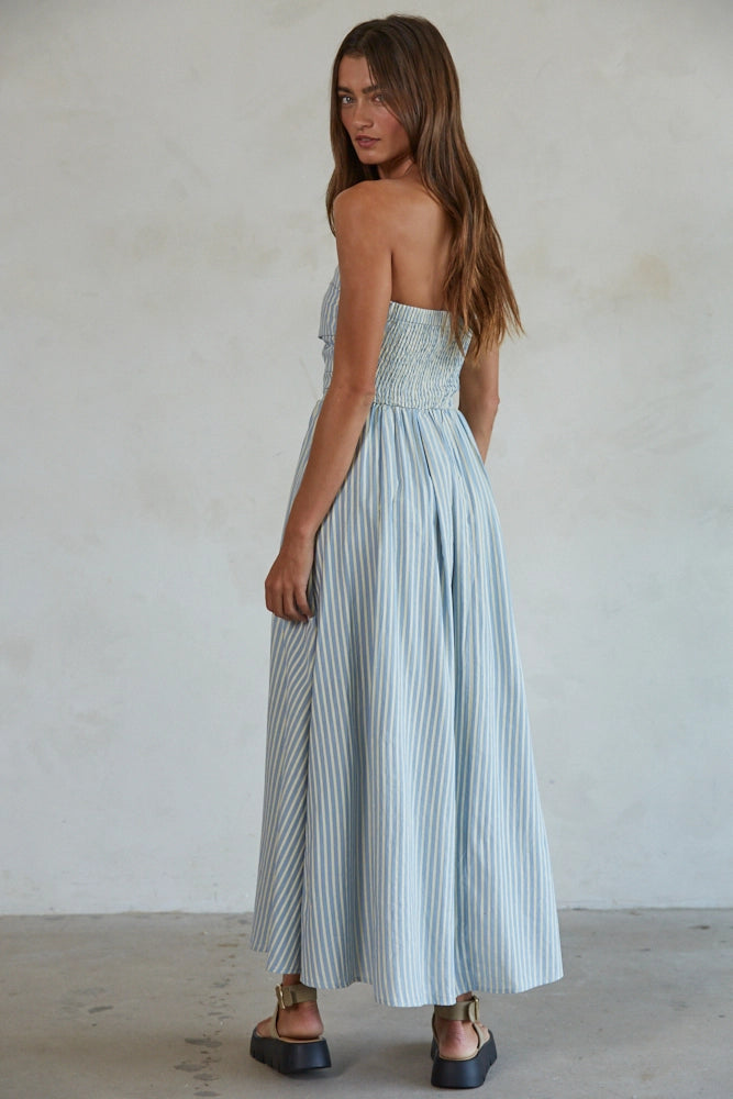 Women's Striped Tube Neck Strapless Flare Maxi Dress