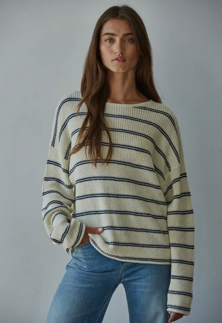 Women’s Knit Cotton Sweater- Navy and Natural Striped