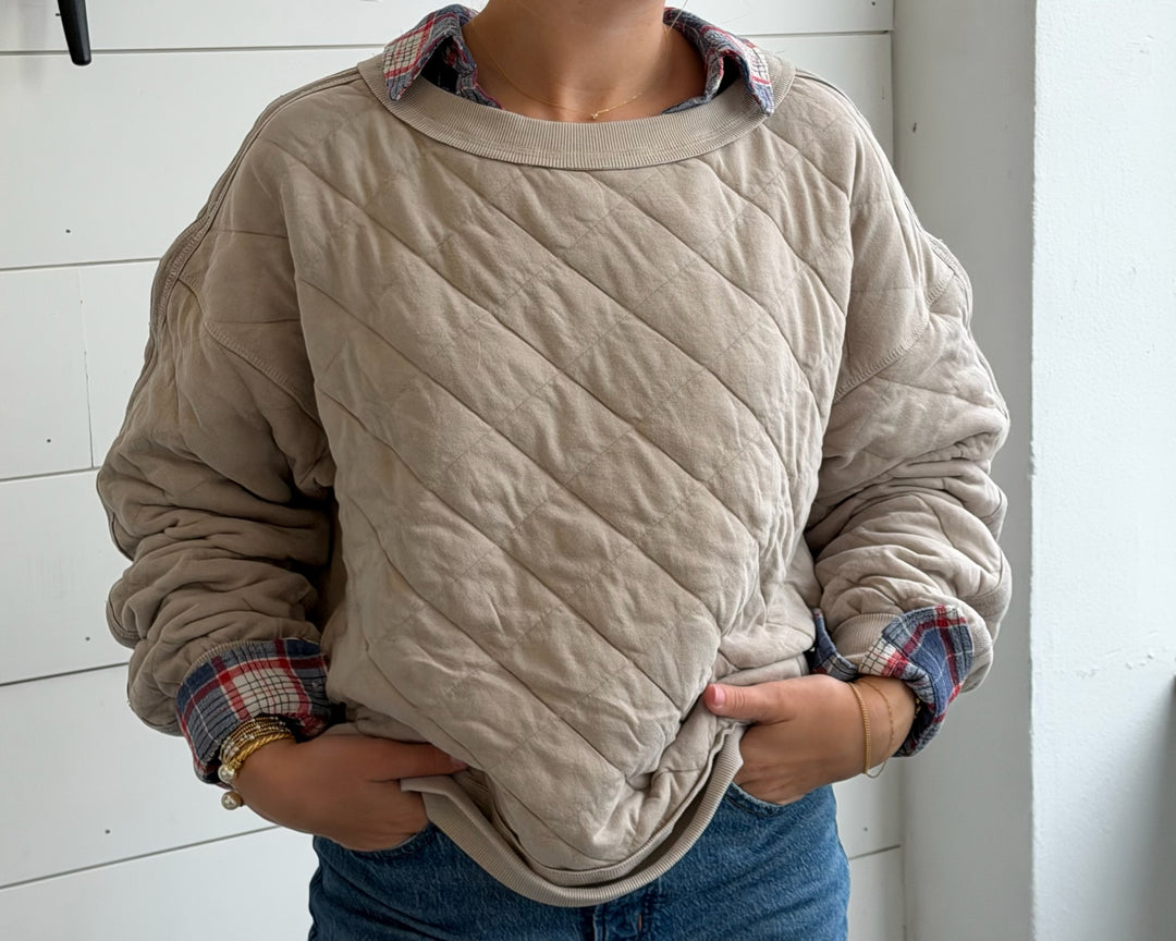 Women's Washed Quilted Crew- Beige Taupe