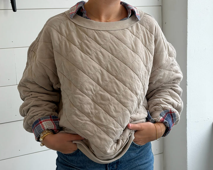 Women's Washed Quilted Crew- Beige Taupe