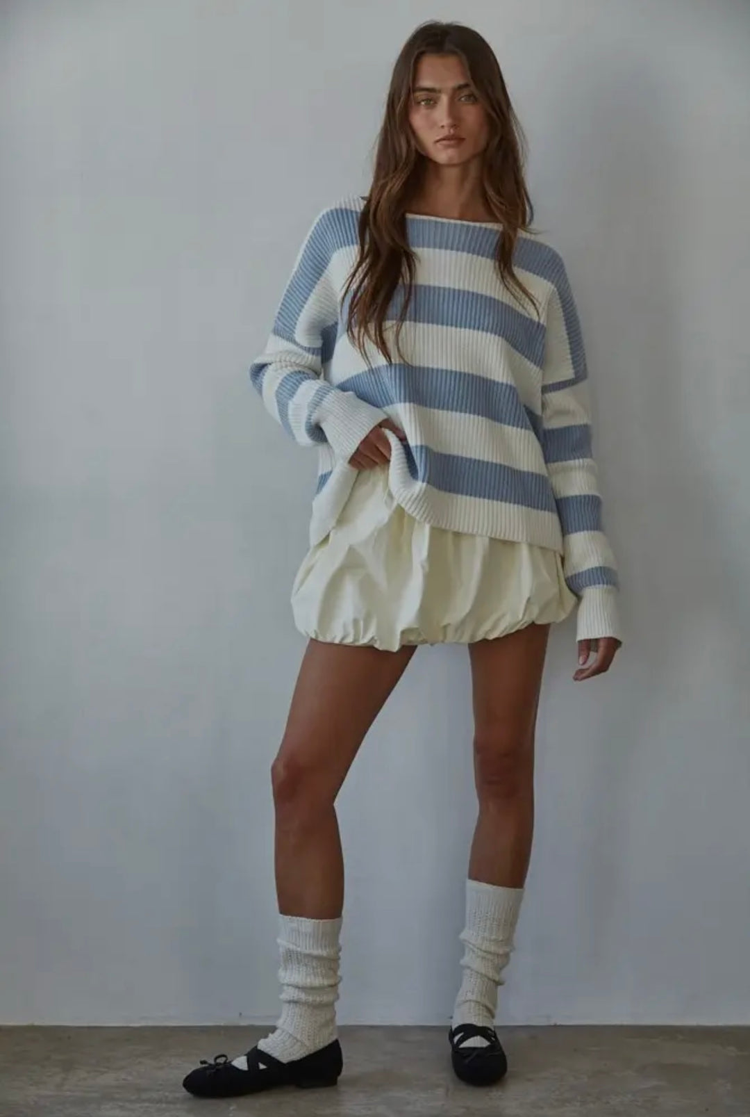 Women’s Striped Boat Neck Sweater- Light Blue/White