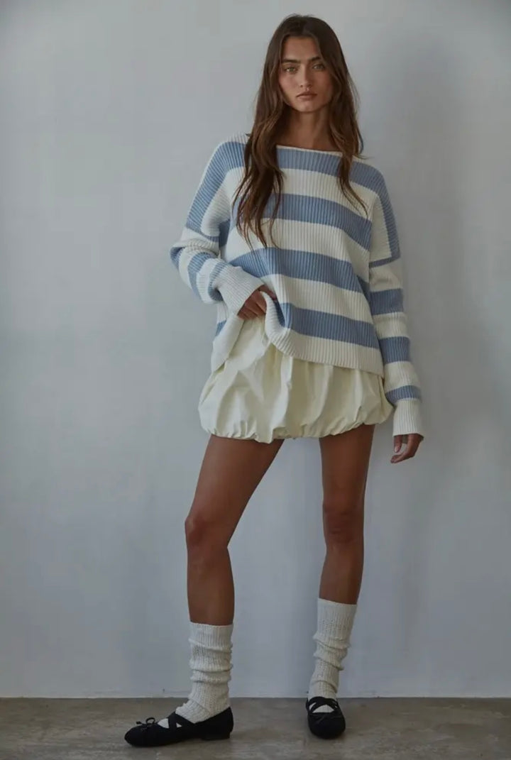 Women’s Striped Boat Neck Sweater- Light Blue/White