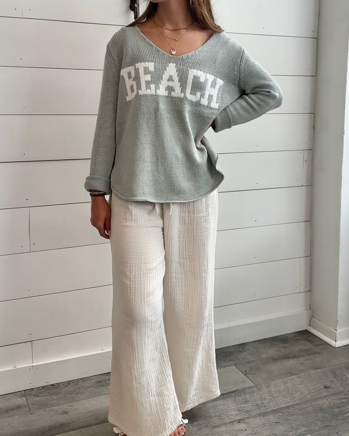 Women's Beach V-Neck Sweater- Sage