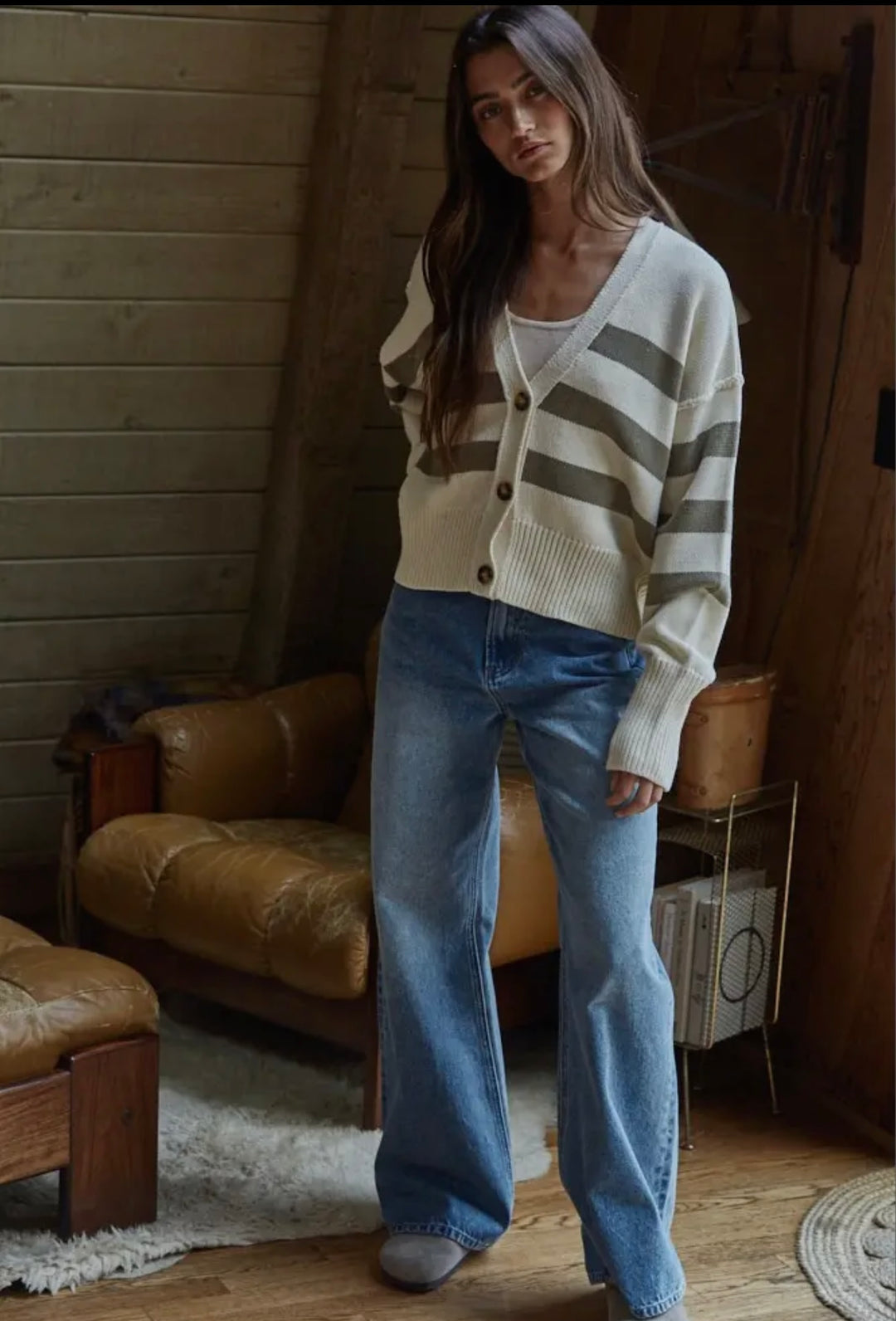 Women’s Knit Button Down Cardigan- Cream/Olive Green