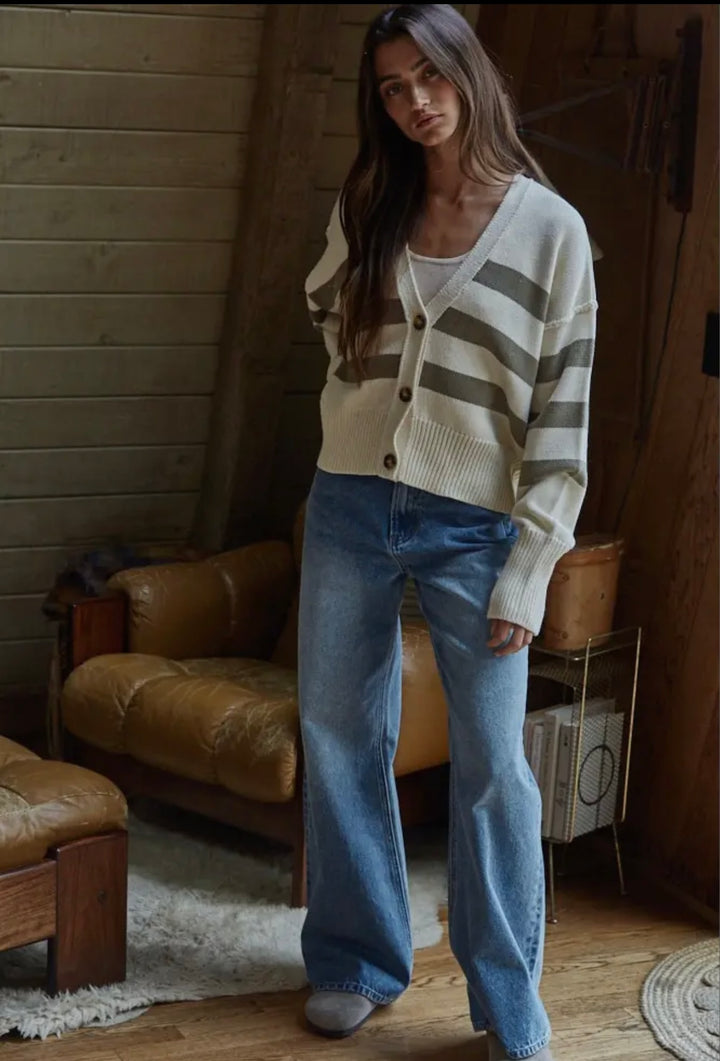 Women’s Knit Button Down Cardigan- Cream/Olive Green