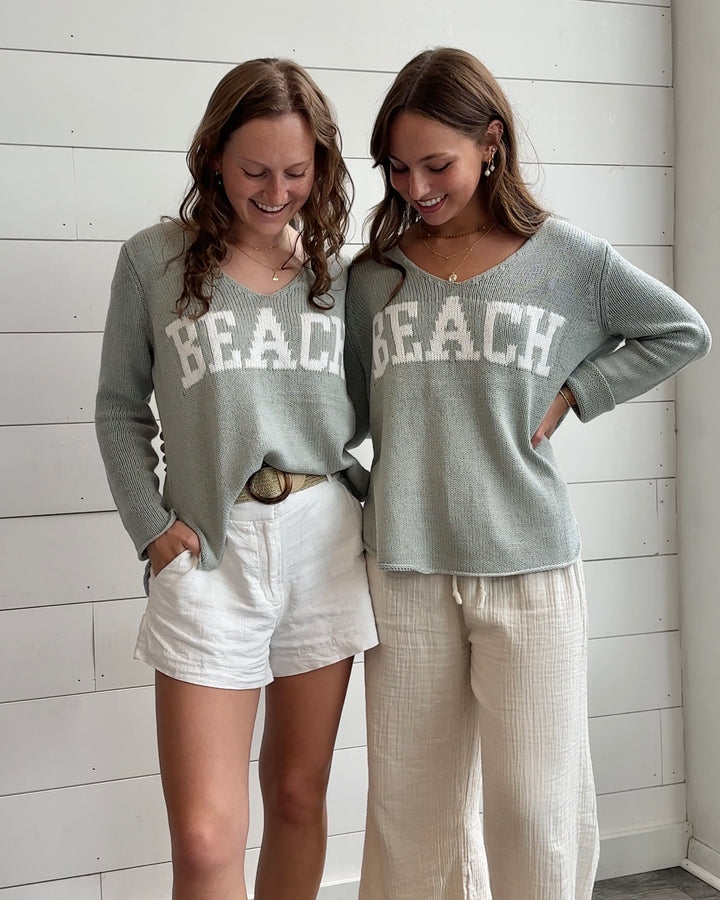 Women's Beach V-Neck Sweater- Sage