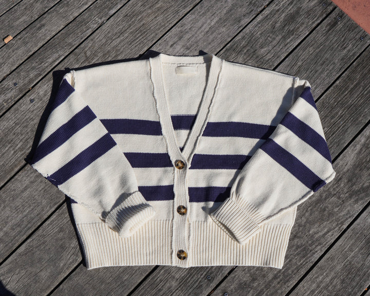 Women’s Knit Button Down Cardigan- Cream/Navy