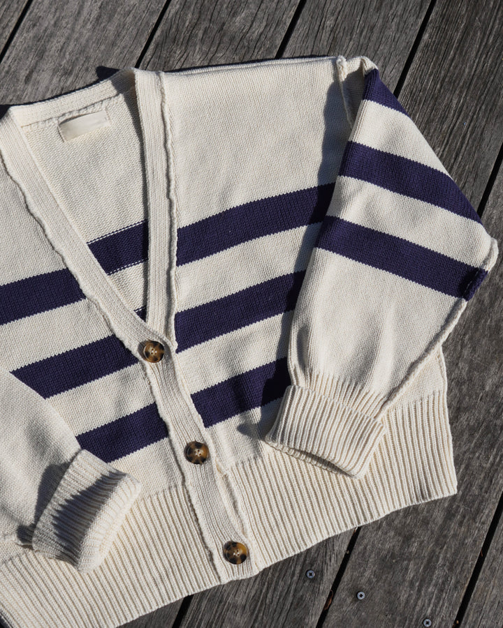 Women’s Knit Button Down Cardigan- Cream/Navy