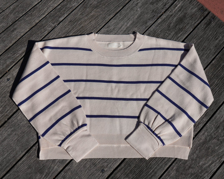 Women's Striped Pullover Sweater-Beige/Navy
