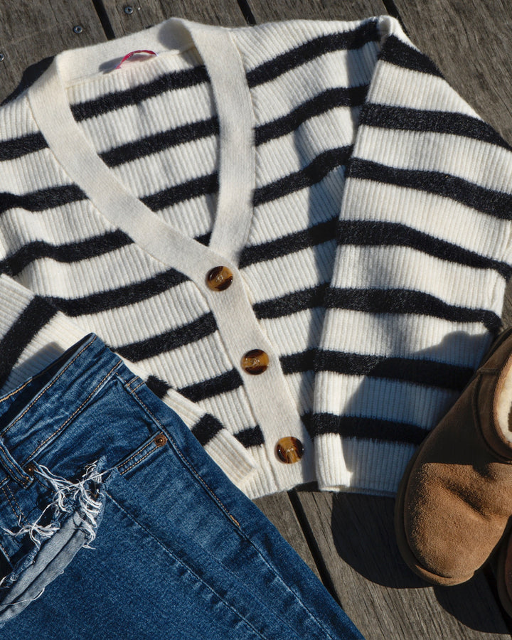 Women's Striped Button Long Sleeve Cardigan- Ivory/Black