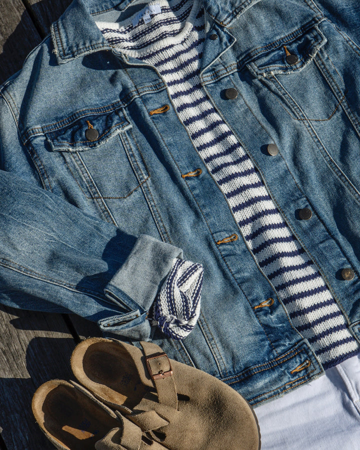 Striped Round Neck Sweater- Navy/White