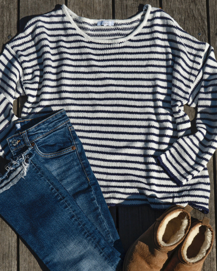 Striped Round Neck Sweater- Navy/White