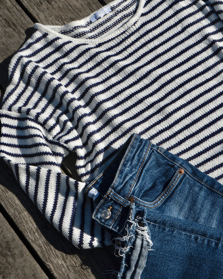 Striped Round Neck Sweater- Navy/White