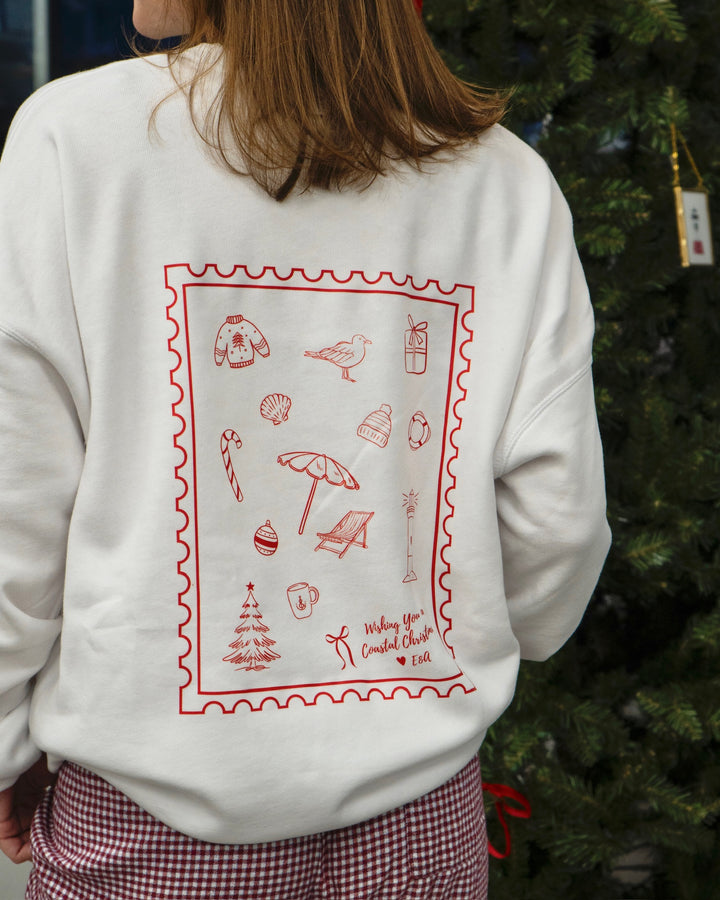 Unisex Holiday Beachside Stamp Crewneck- White