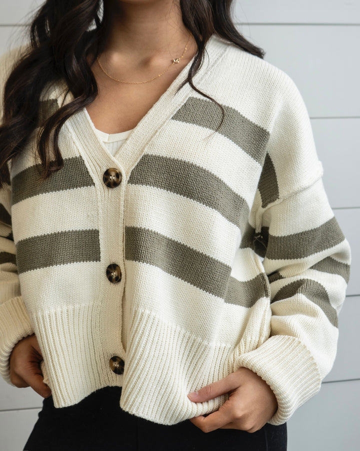 Women’s Knit Button Down Cardigan- Cream/Olive Green