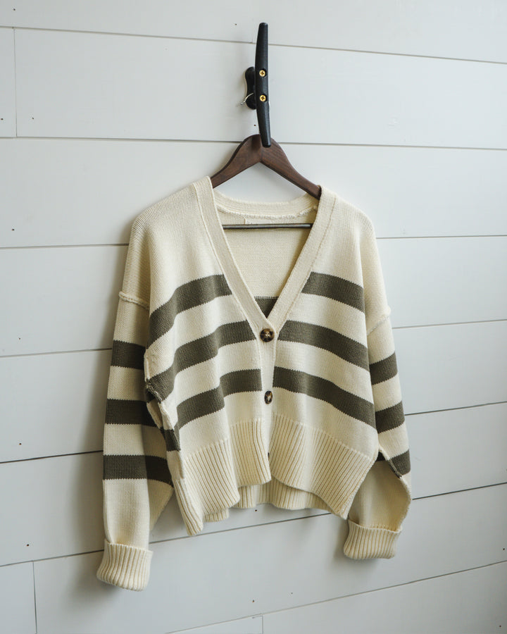 Women’s Knit Button Down Cardigan- Cream/Olive Green