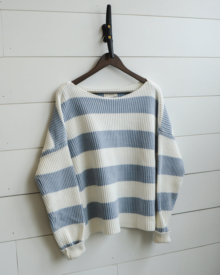 Women’s Striped Boat Neck Sweater- Light Blue/White