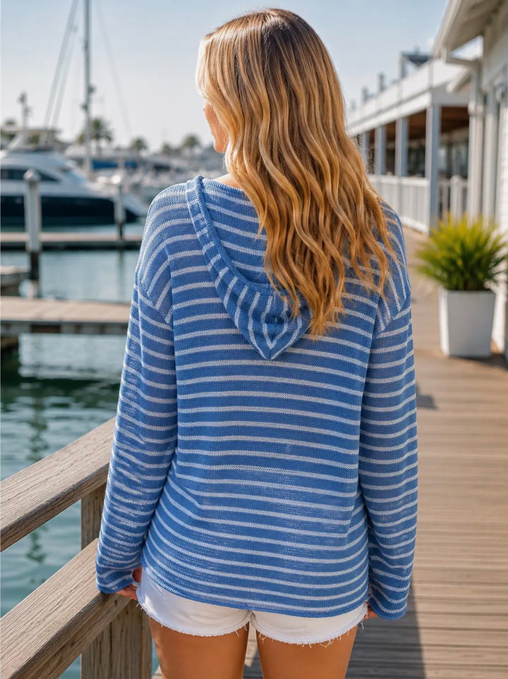 Striped V-Neck Hooded Sweater- Royal/Light Blue