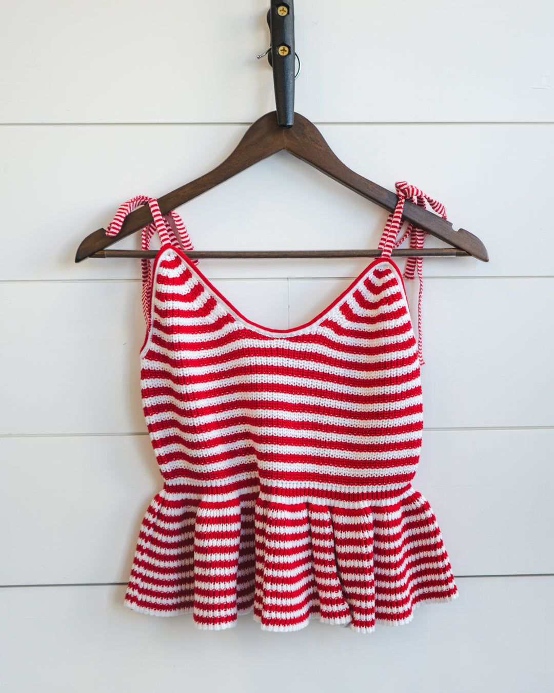 Striped Tie Peplum Tank- Red/White