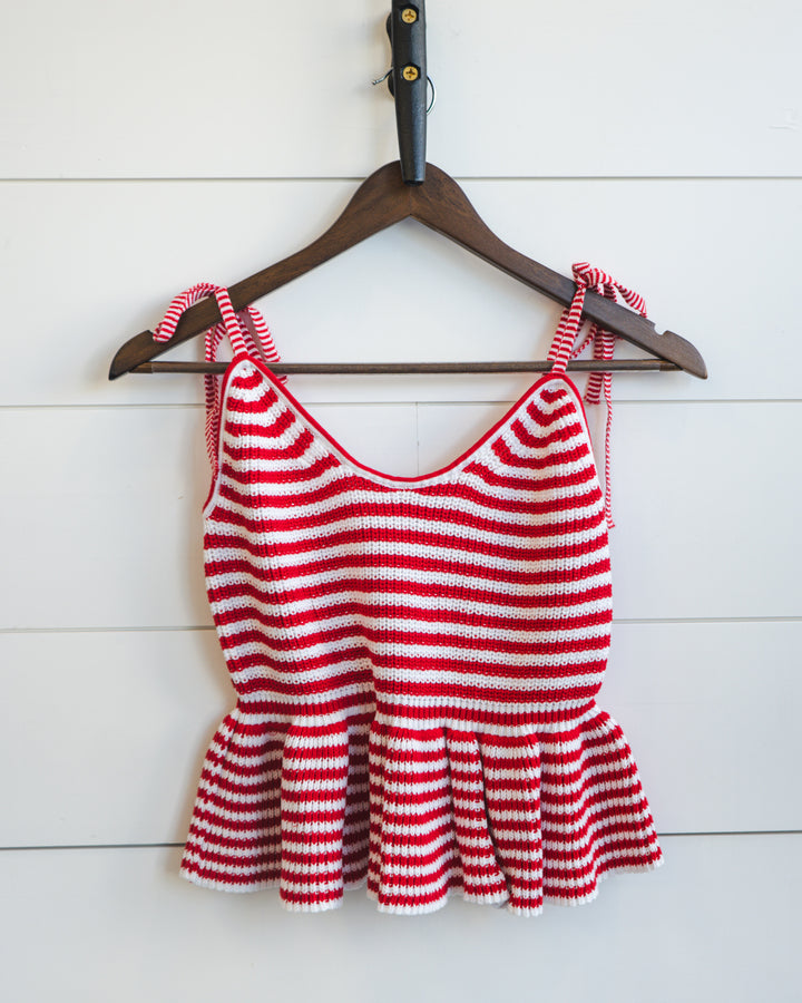 Striped Tie Peplum Tank- Red/White
