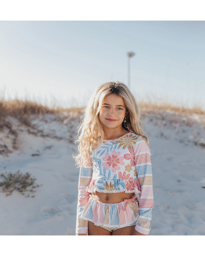 Kids Pink Stripe Floral Long Sleeve Rash Guard Swimsuit