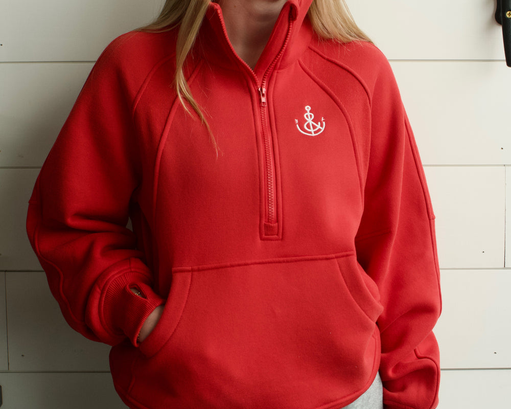 Women's Funnel Neck Half Zip- Red - Erie and Anchor