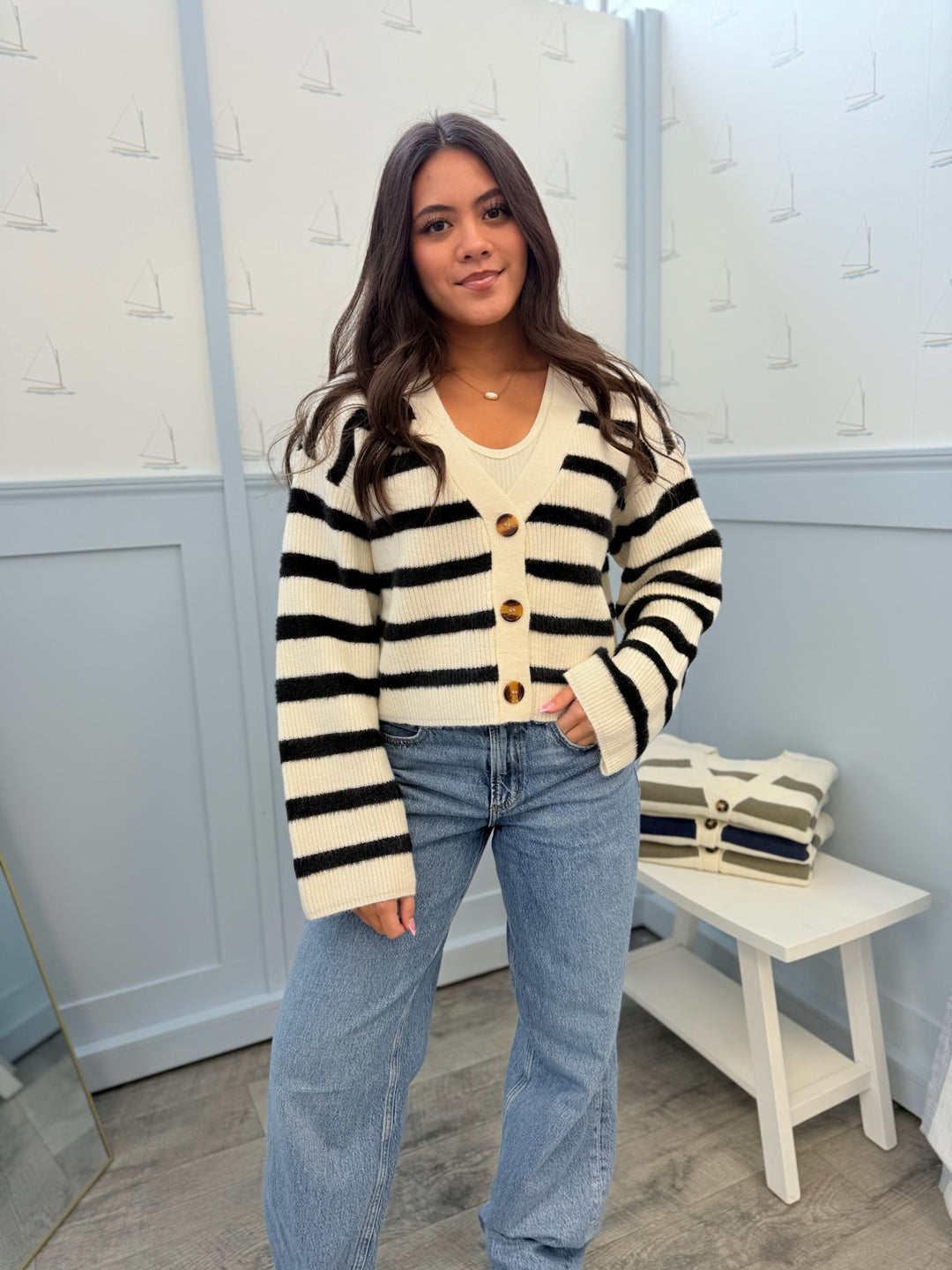 Women's Striped Button Long Sleeve Cardigan- Ivory/Black