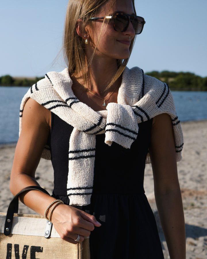 Women's Knit Double Striped Long Sleeve- Cream/Black