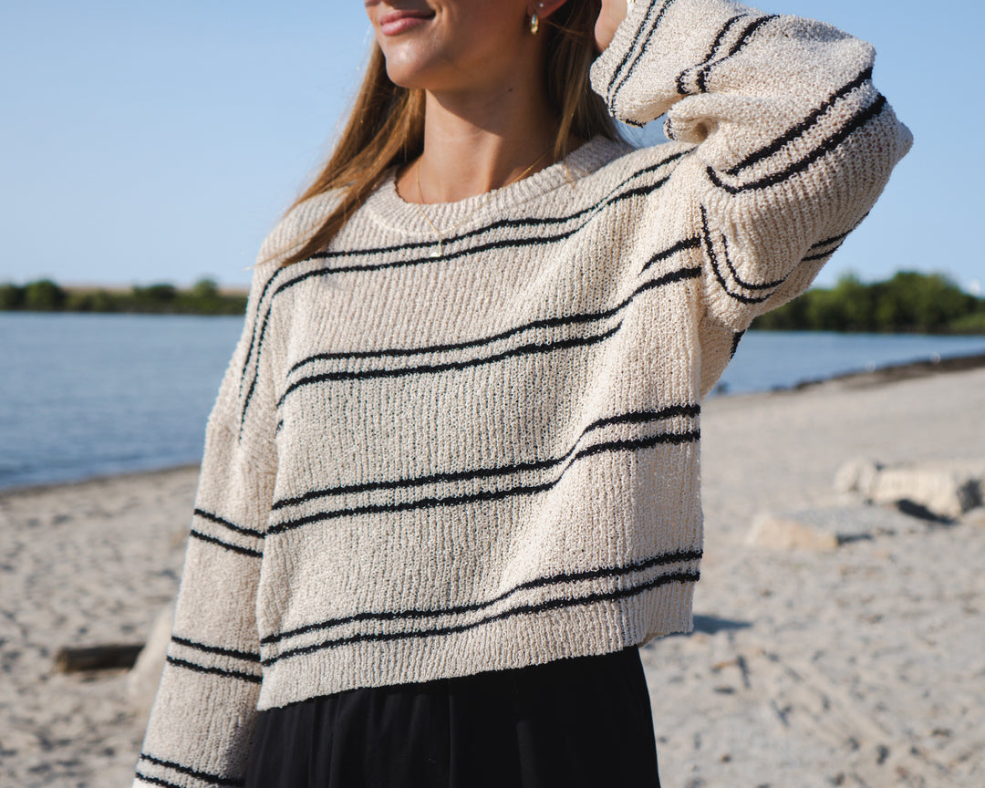Women's Knit Double Striped Long Sleeve- Cream/Black