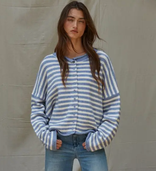 Knit Sweater Striped Buttondown Cardigan Top - Blue